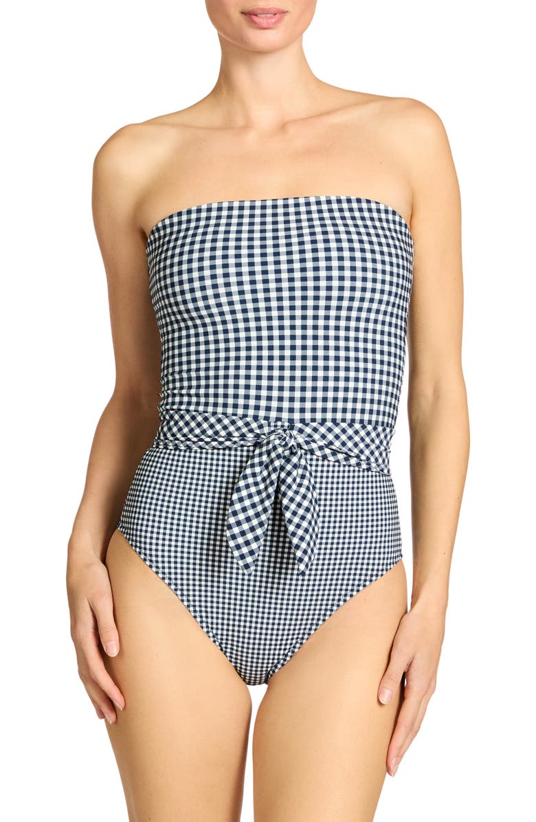 Robin Piccone Brigitte Strapless Tie Waist One-Piece Swimsuit, Main, color, Navy/ Cream