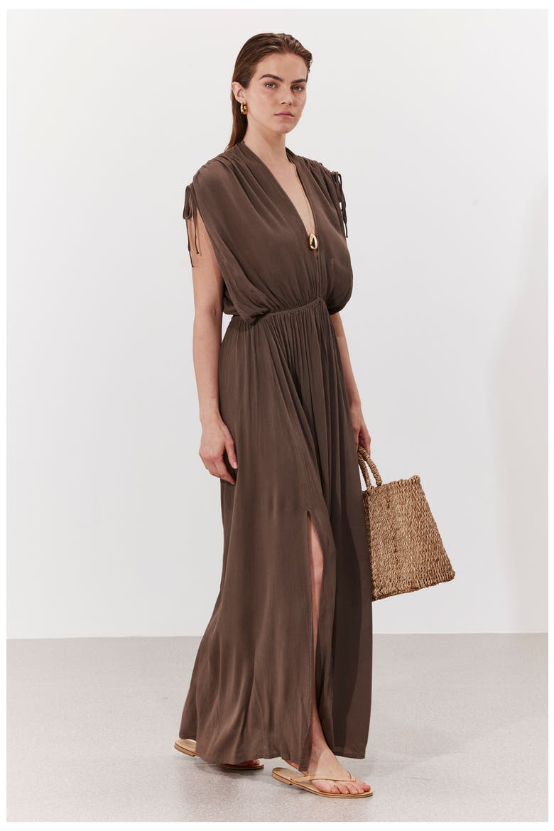 Solena Crêpe V Neck Open Back Midi Dress Cover-Up, Alternate, color, Khaki