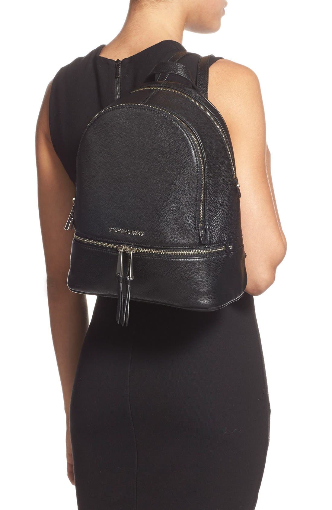 'Small Rhea Zip' Leather Backpack, Alternate, color, BLACK/ SILVER