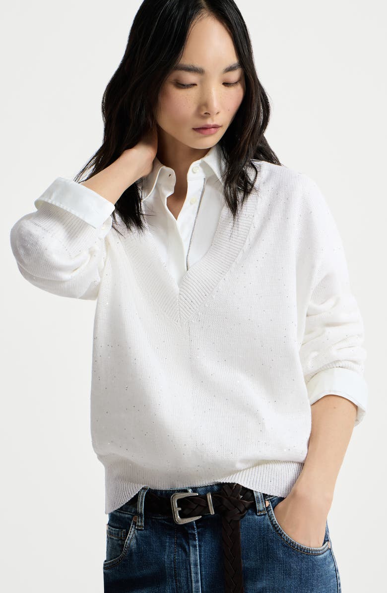 Brunello Cucinelli Linen and cotton Diamond yarn sweater, Alternate, color, White