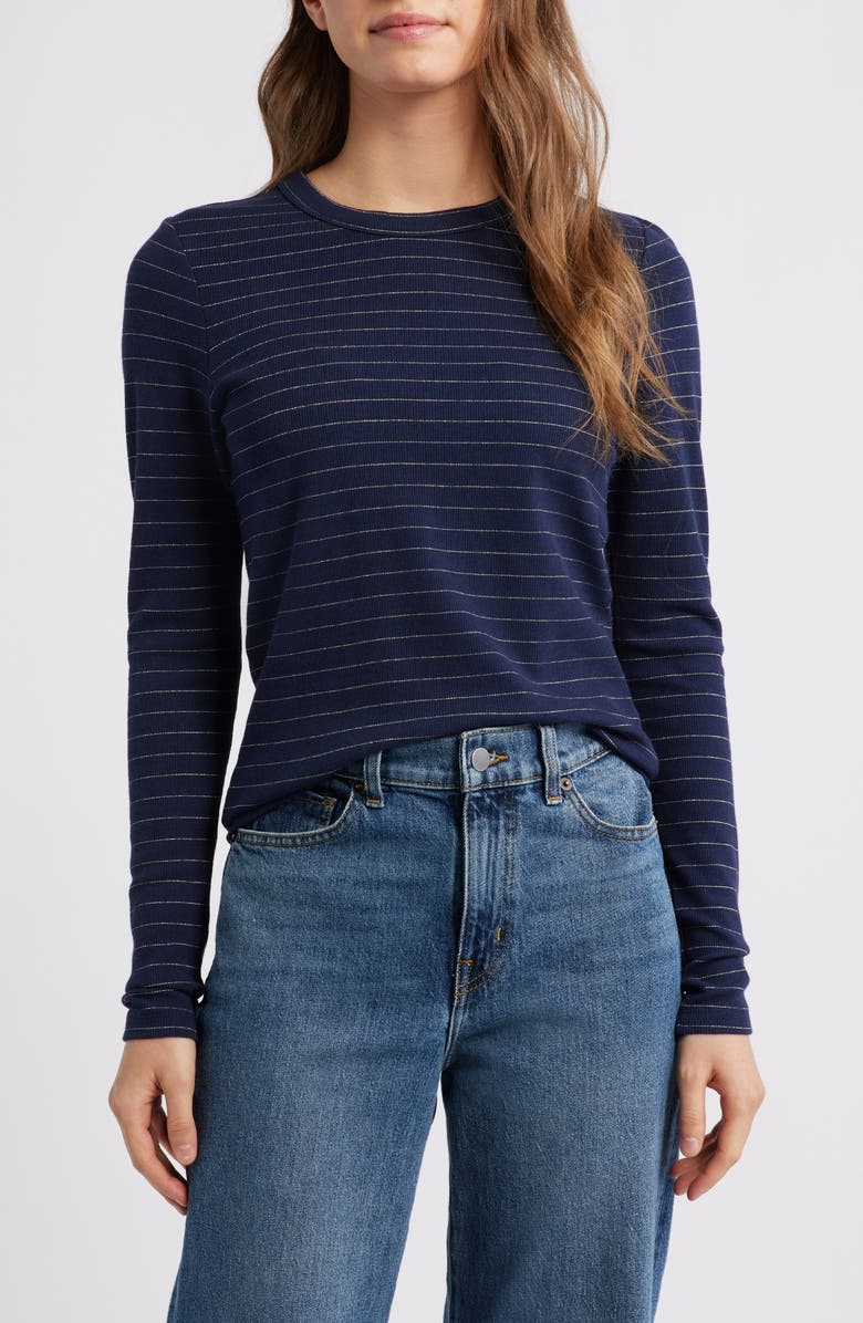 Marine Layer Lexi Stripe Sun-In Rib Long Sleeve T-Shirt, Main, color, Navy/ Gold