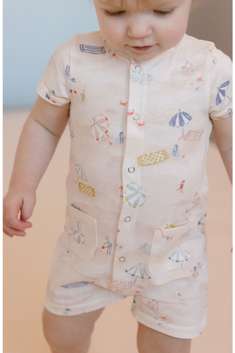 Beach Print Organic Cotton Romper, Alternate, color, SAND