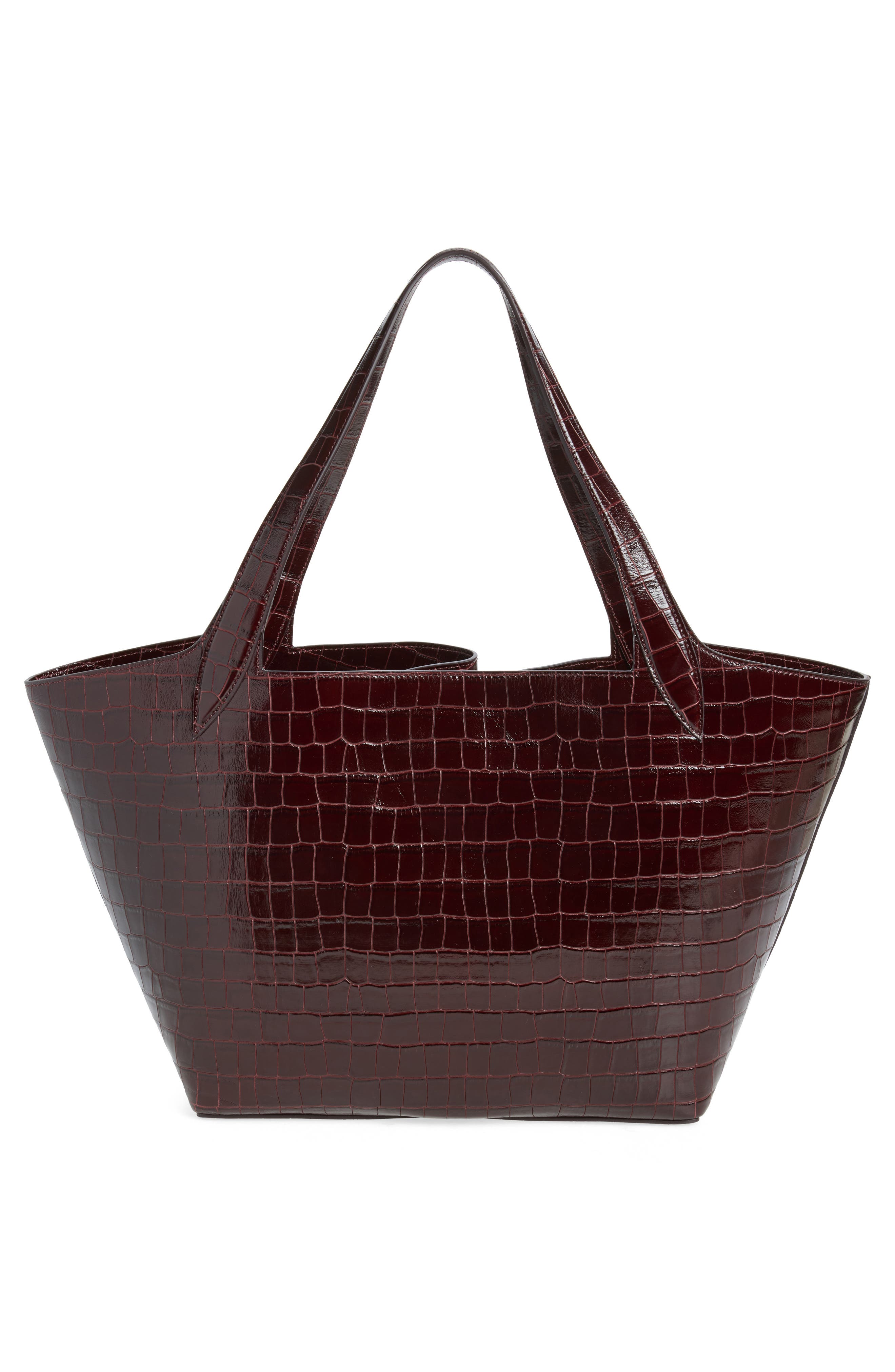 Belted Croc Embossed Leather Tote, Alternate, color, BURGUNDY