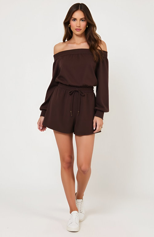 Modenaire Off-shoulder Long Sleeve Romper With Smocked Waist And Drawstring Tie In Brown