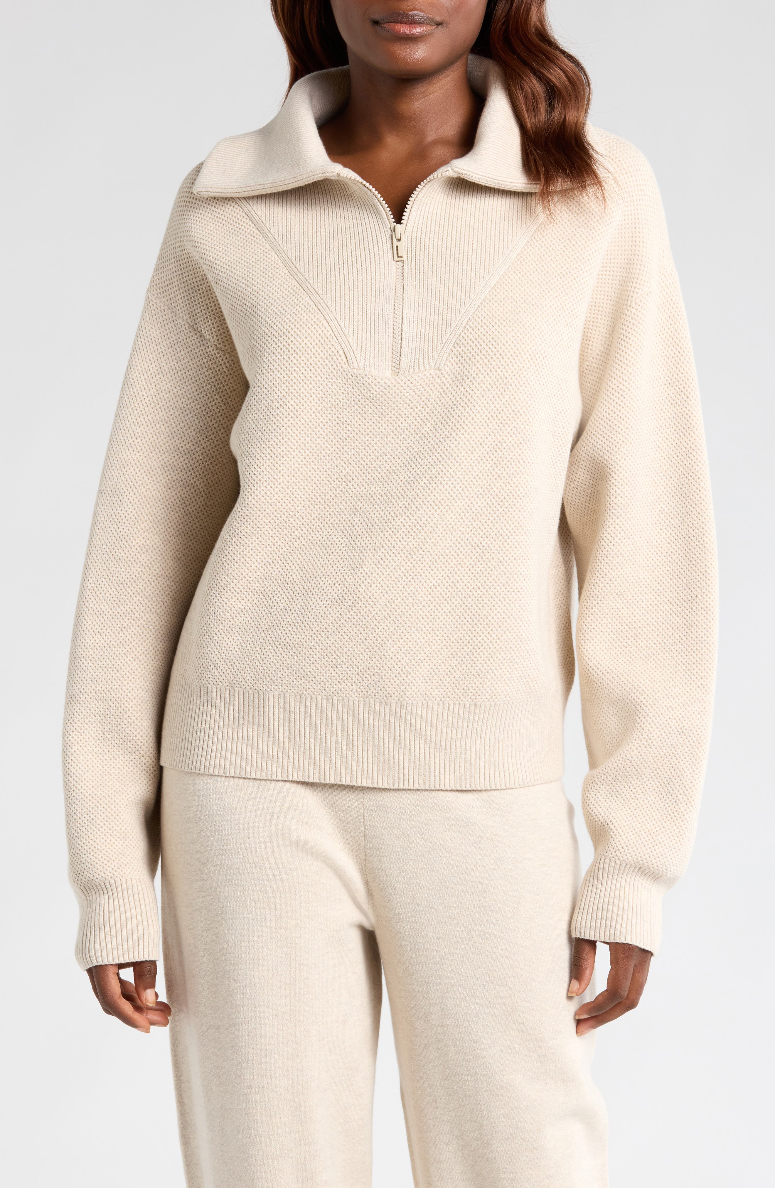 Lunya Half Zip Organic Cotton Blend Pullover in Glacier Ecru 