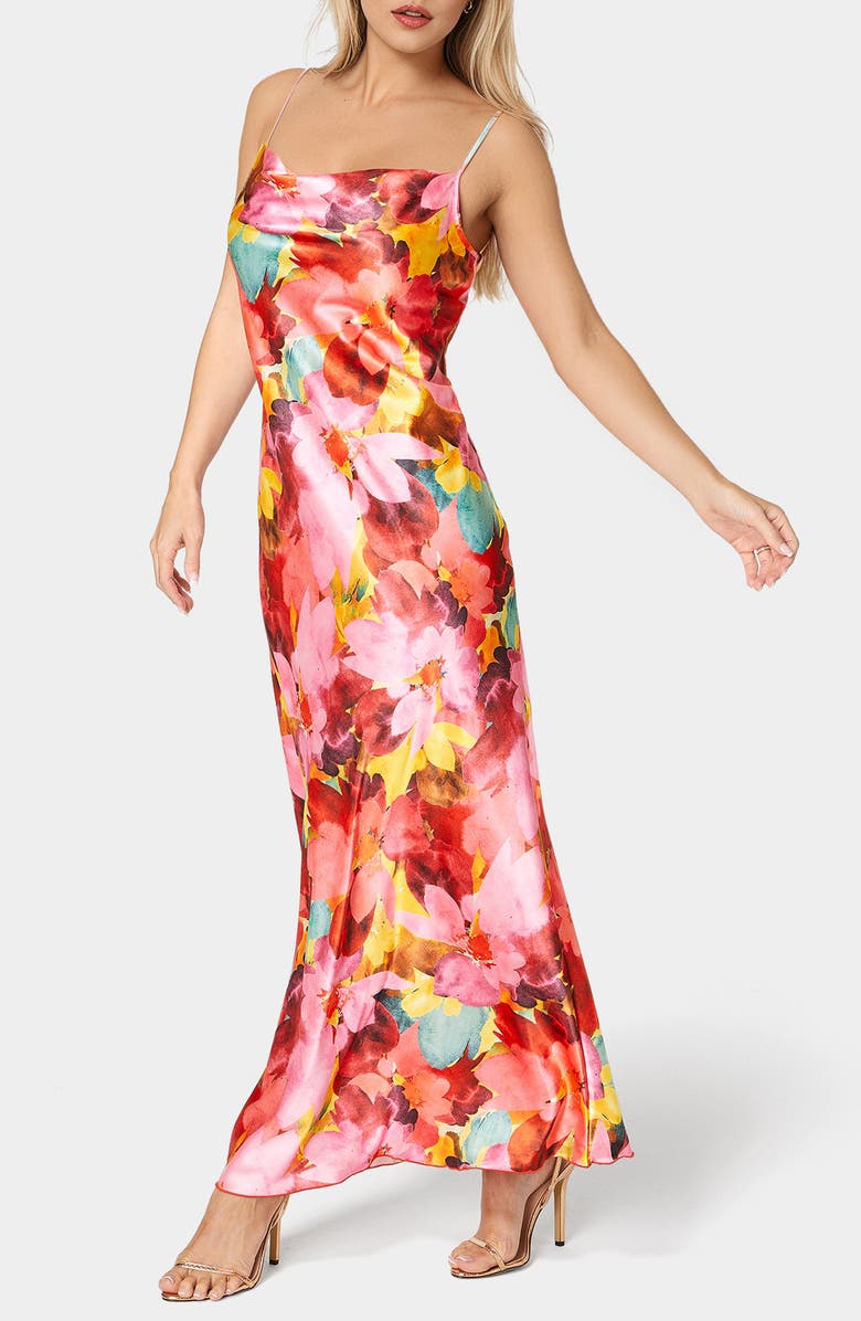 bebe Bias Cut Satin Maxi Dress, Alternate, color, Pink / Orange