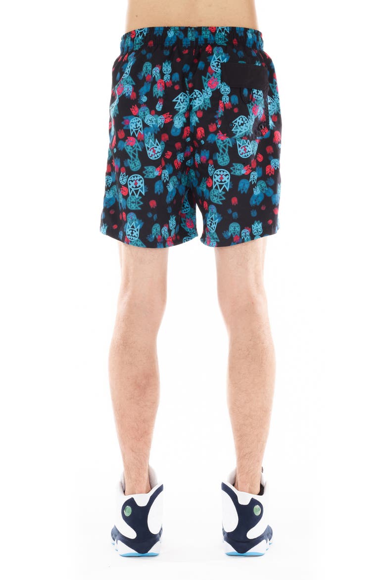 Print Swim Trunks, Alternate, color, BLACK MULTI