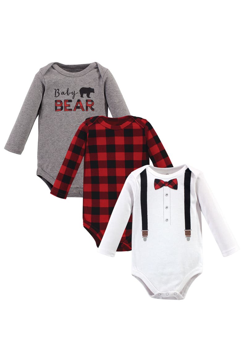Triple Pack Long-Sleeve Infant Bodysuits, Main, color, Lumberjack Bow Tie