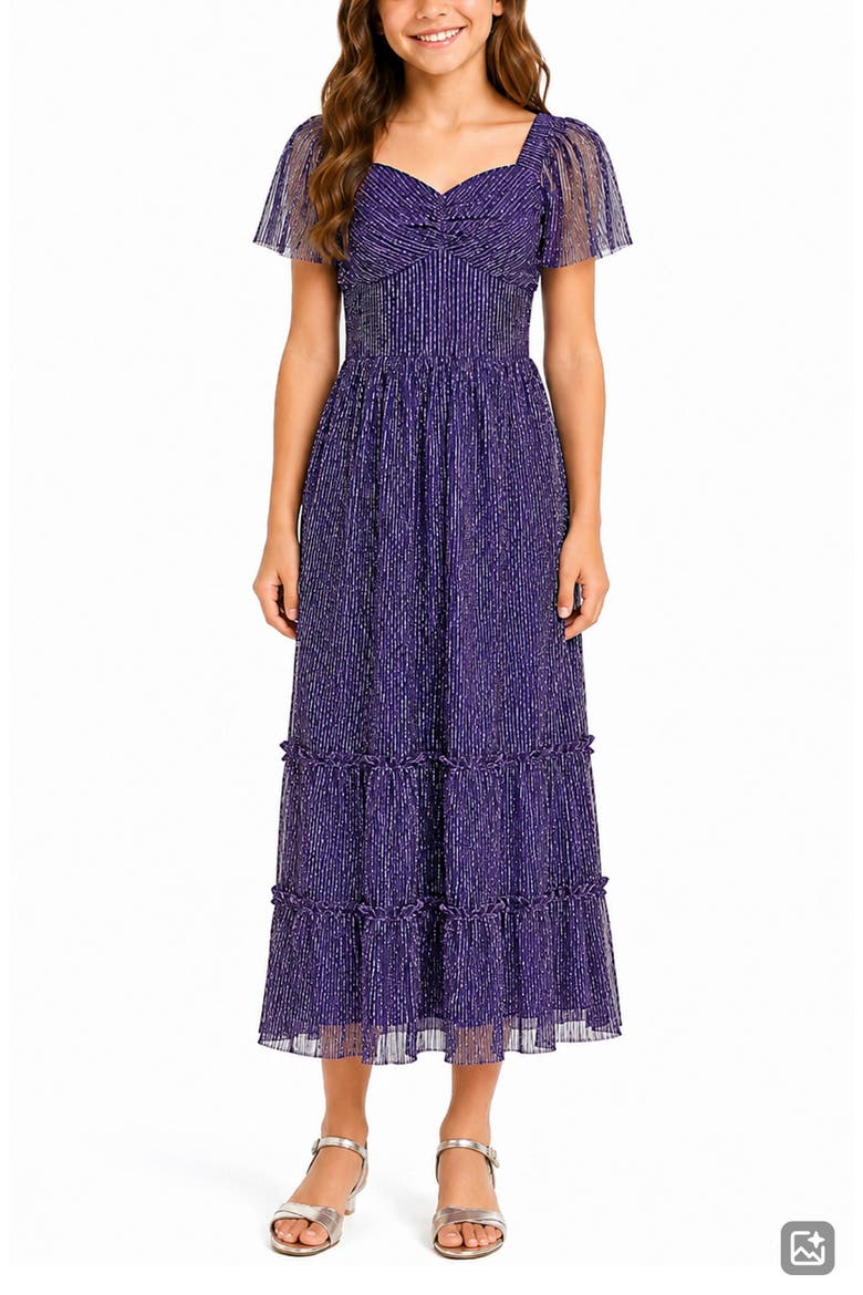 Kids' Metallic Tiered Plissé Maxi Party Dress, Alternate, color, PURPLE