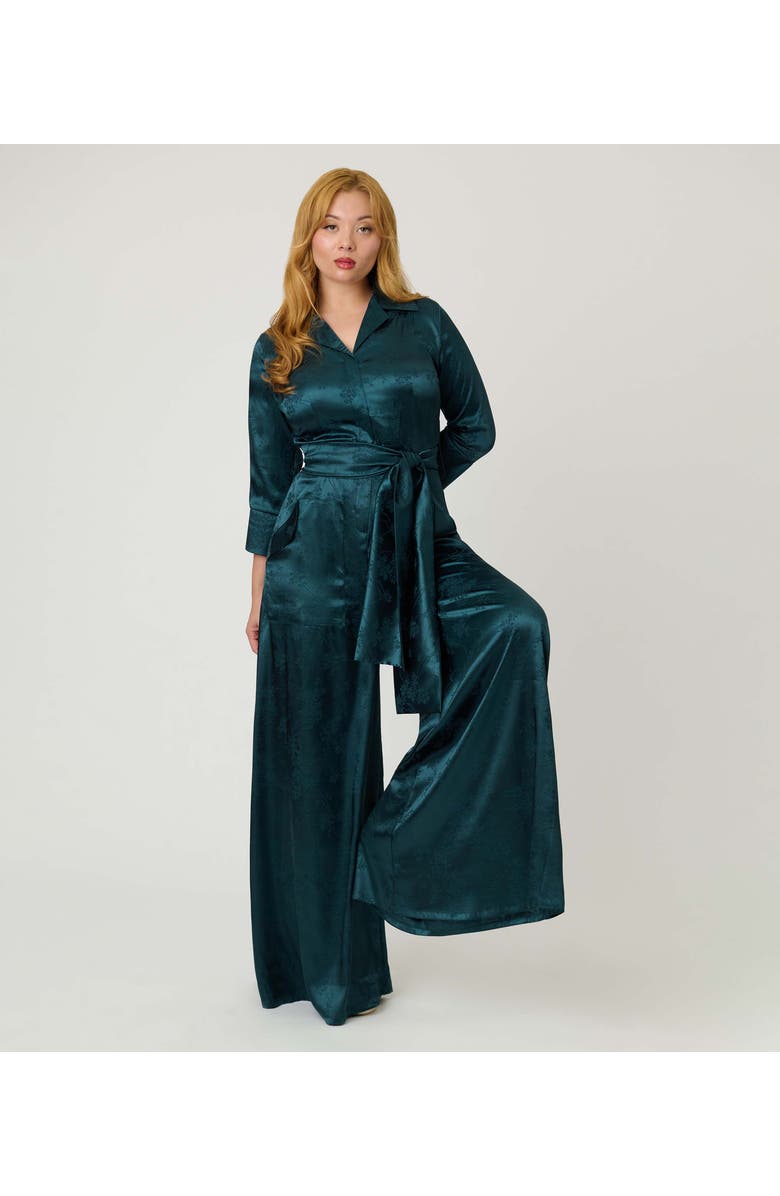 Unique Vintage 1970s Satin Flare Jumpsuit, Main, color, Teal Jacquard
