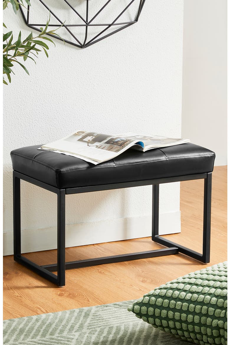 Modern Thick Leatherette Accent Stool with Metal Frame, Alternate, color, Black
