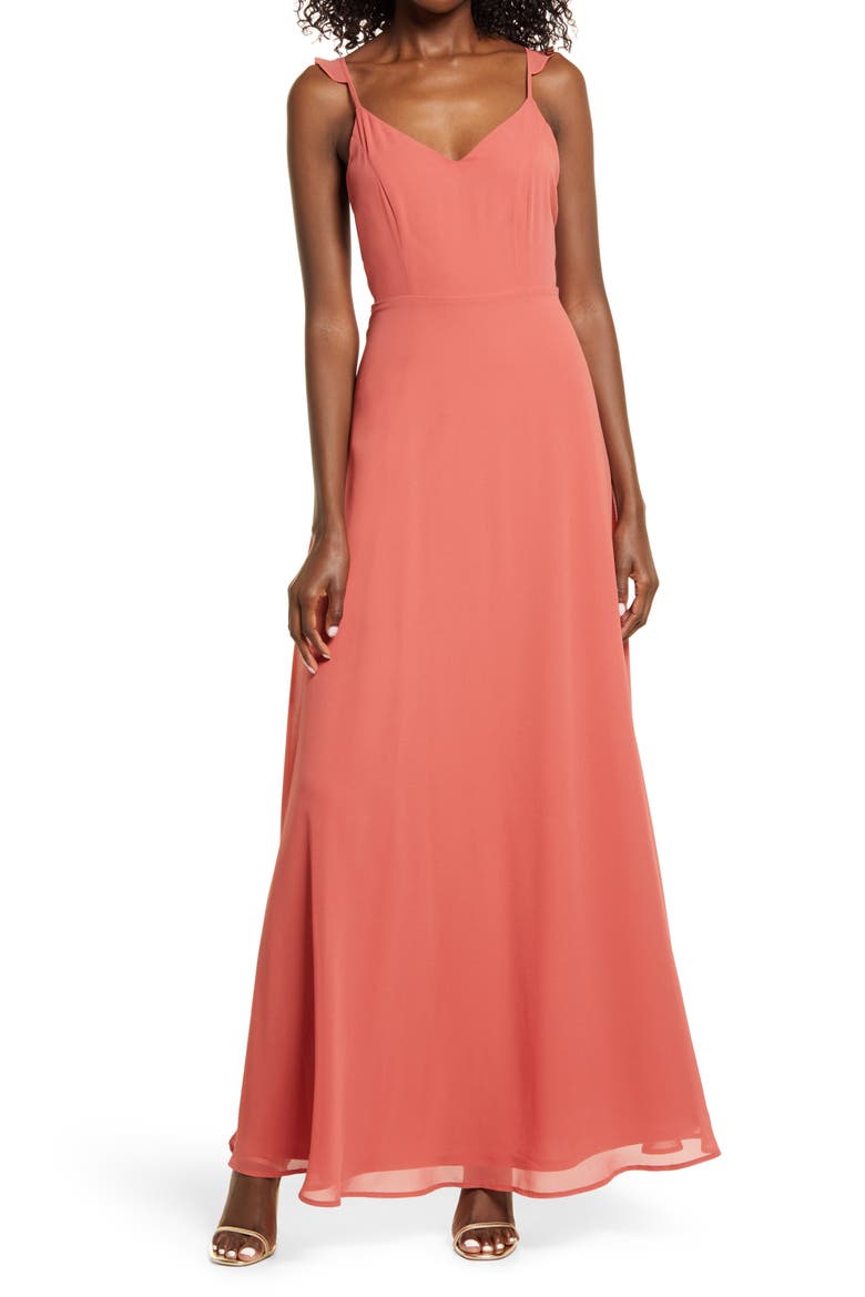Flutter Strap A-Line Chiffon Gown, Main, color, RUSTY ROSE