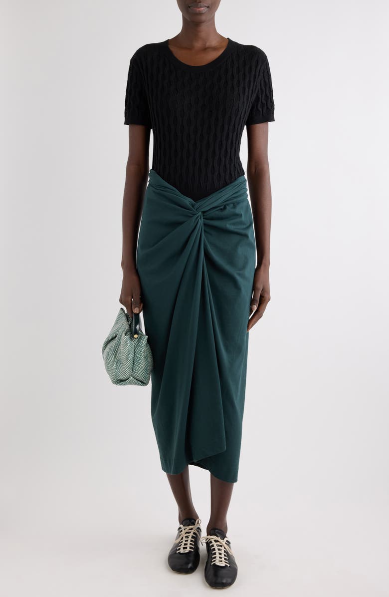 Dries Van Noten Twist Front Cotton Jersey Midi Skirt, Alternate, color, Dark Green