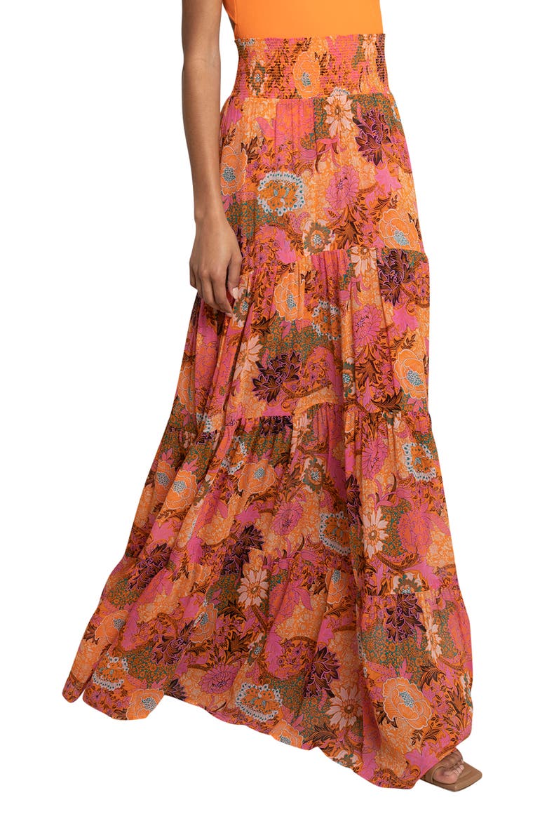 Sage Floral Print Pleat Silk Maxi Skirt, Alternate, color, PINK/ ORANGE MULTI