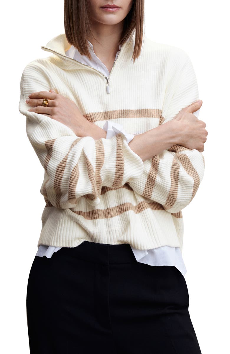 MANGO Stripe Quarter Zip Pullover Sweater, Main, color, 