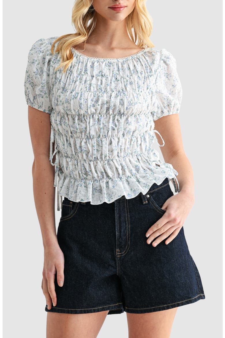 Floral Smocked Side Tie Cotton Top, Main, color, IVORY BLUE