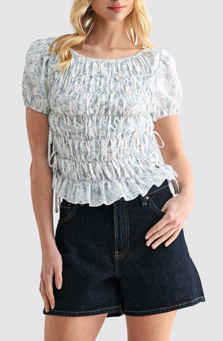 All in Favor Floral Smocked Side Tie Cotton Top, Main, color, Ivory Blue