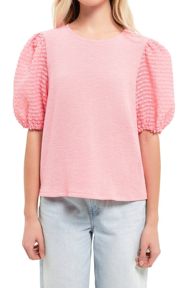 English Factory Textured Mixed Media Puff Sleeve Top, Alternate, color, Pink