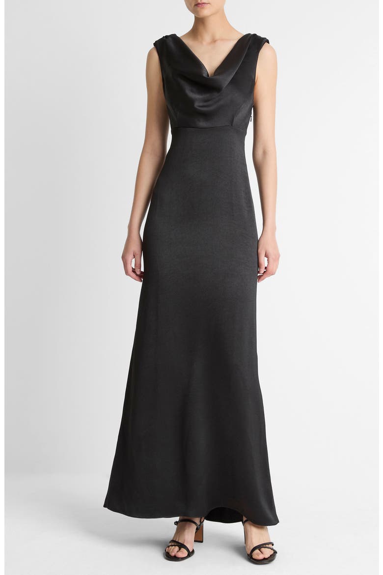 Drape Cowl Neck Sleeveless Satin Gown, Main, color, BLACK