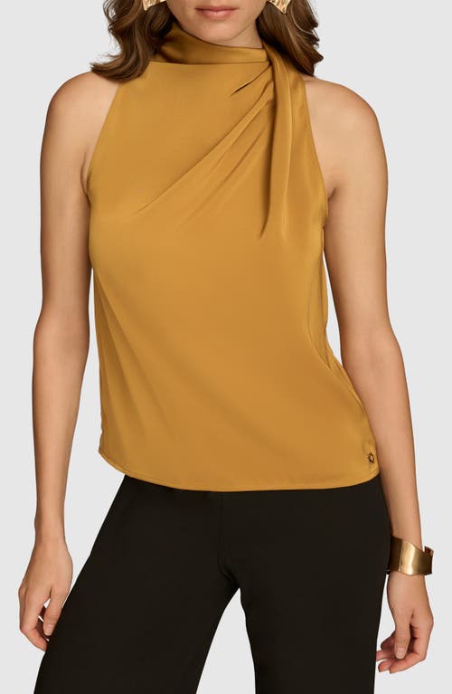 DONNA KARAN Twisted Mock Neck Satin Sleeveless Top in Antiq.gold 