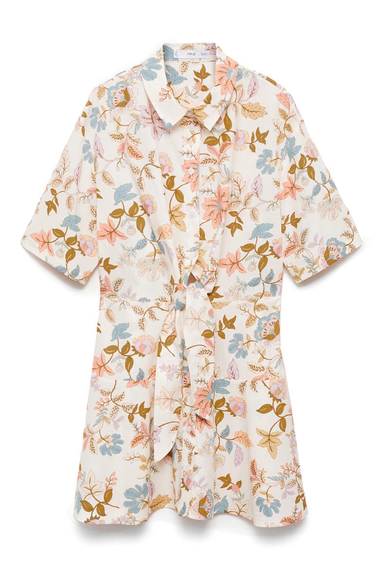 Floral Knot Front Cotton Mini Shirtdress, Alternate, color, ECRU