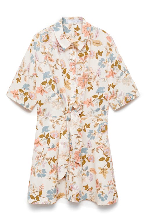 Mango Floral Knot Front Cotton Mini Shirtdress In Sand