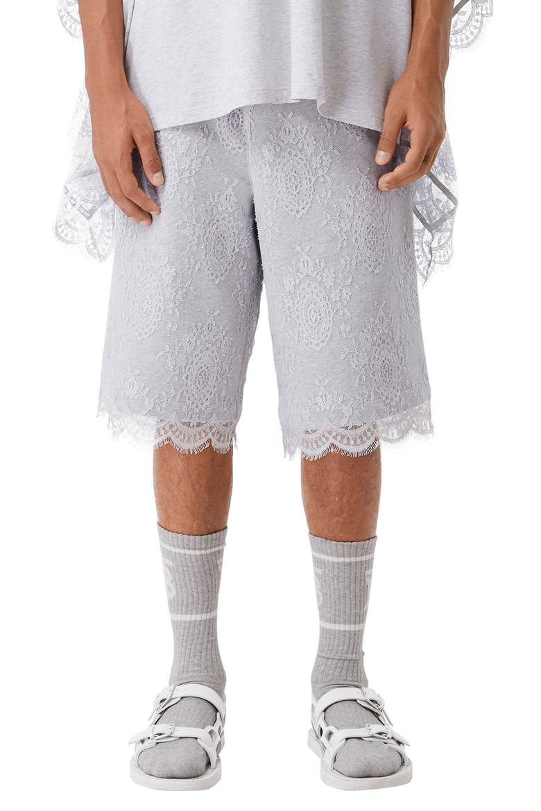 Drawstring Shorts with Lace Overlay, Main, color, LIGHT PEBBLE GREY