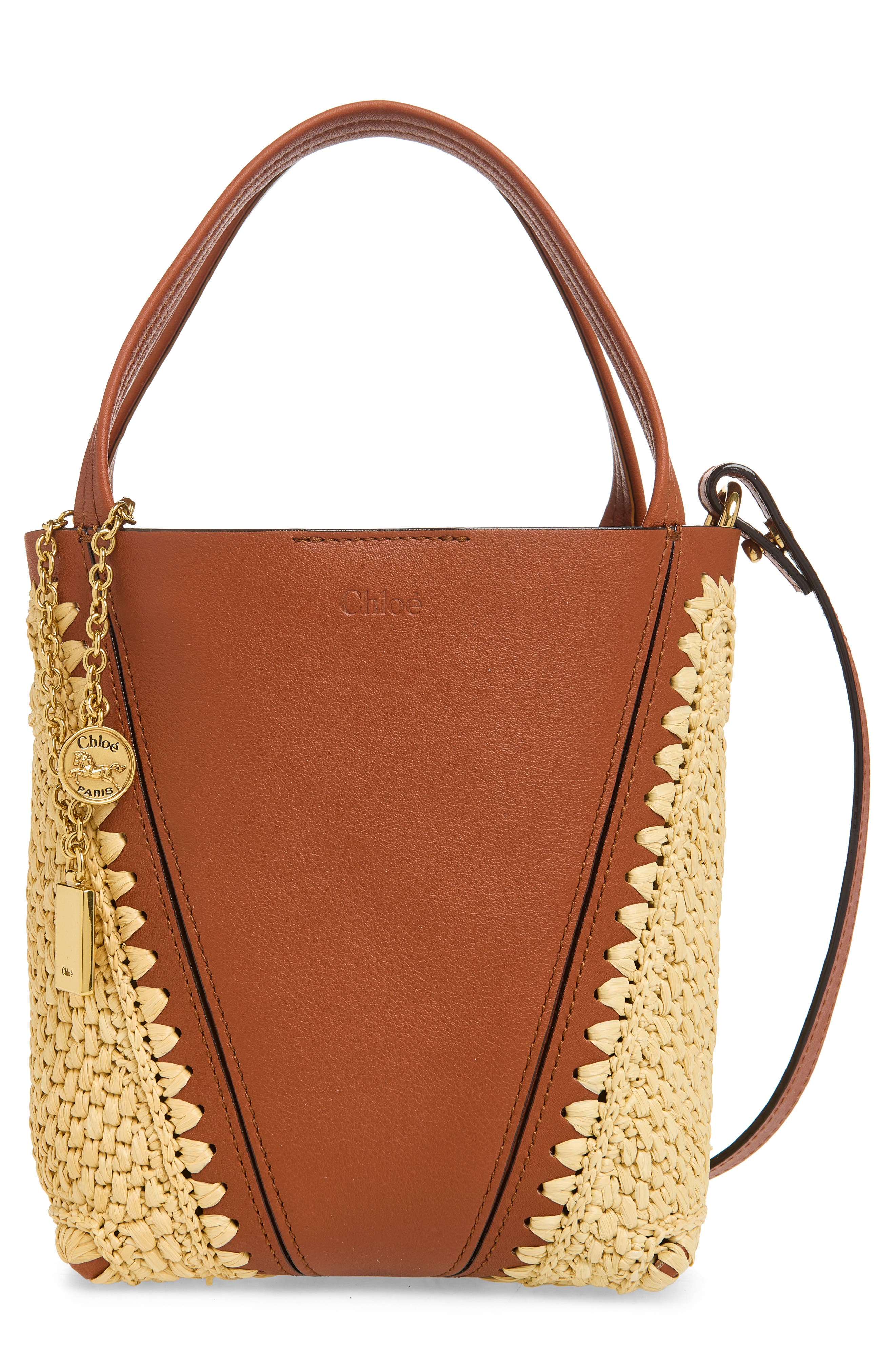 Chloé Crochet & Leather Spin Tote, Main, color, Clay Brown