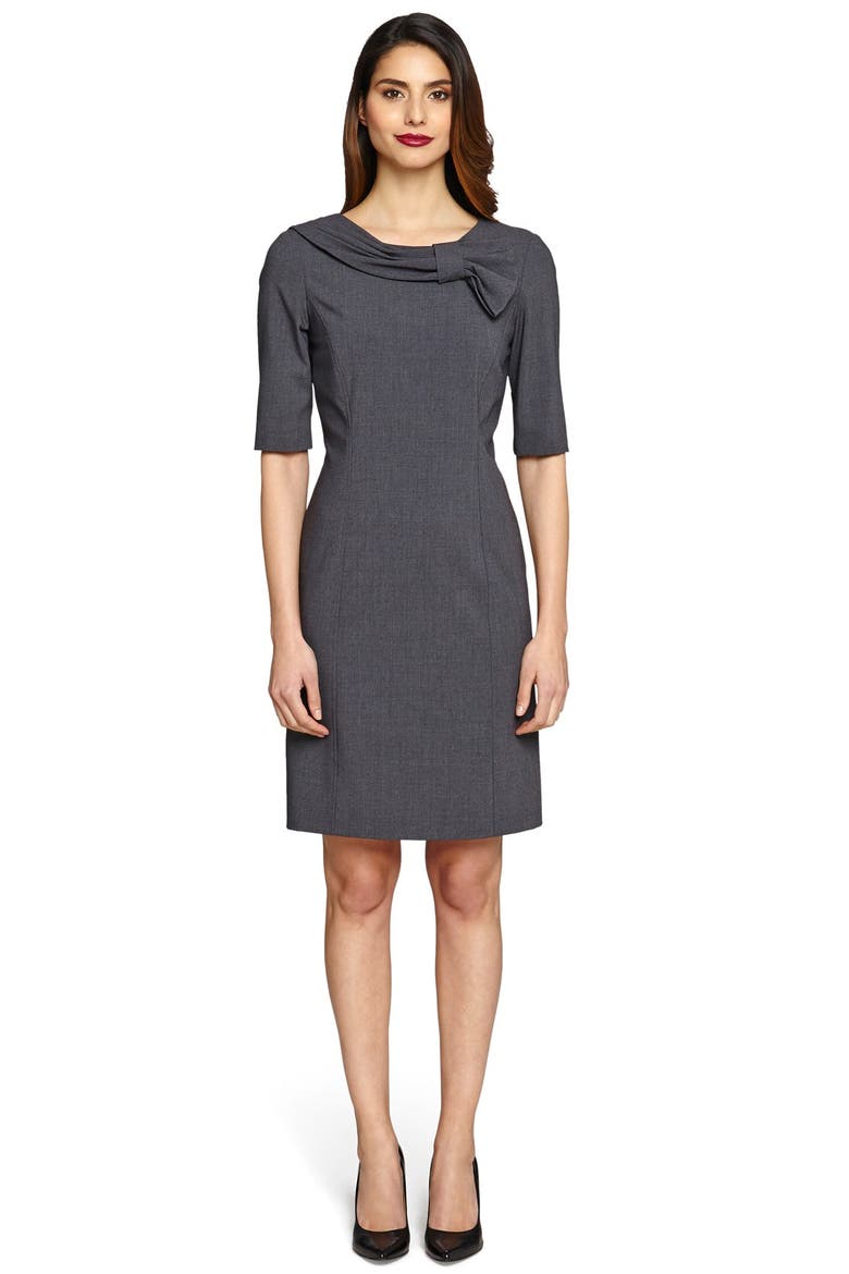 Bow Neck Bi-Stretch Sheath Dress, Main, color, CHARCOAL