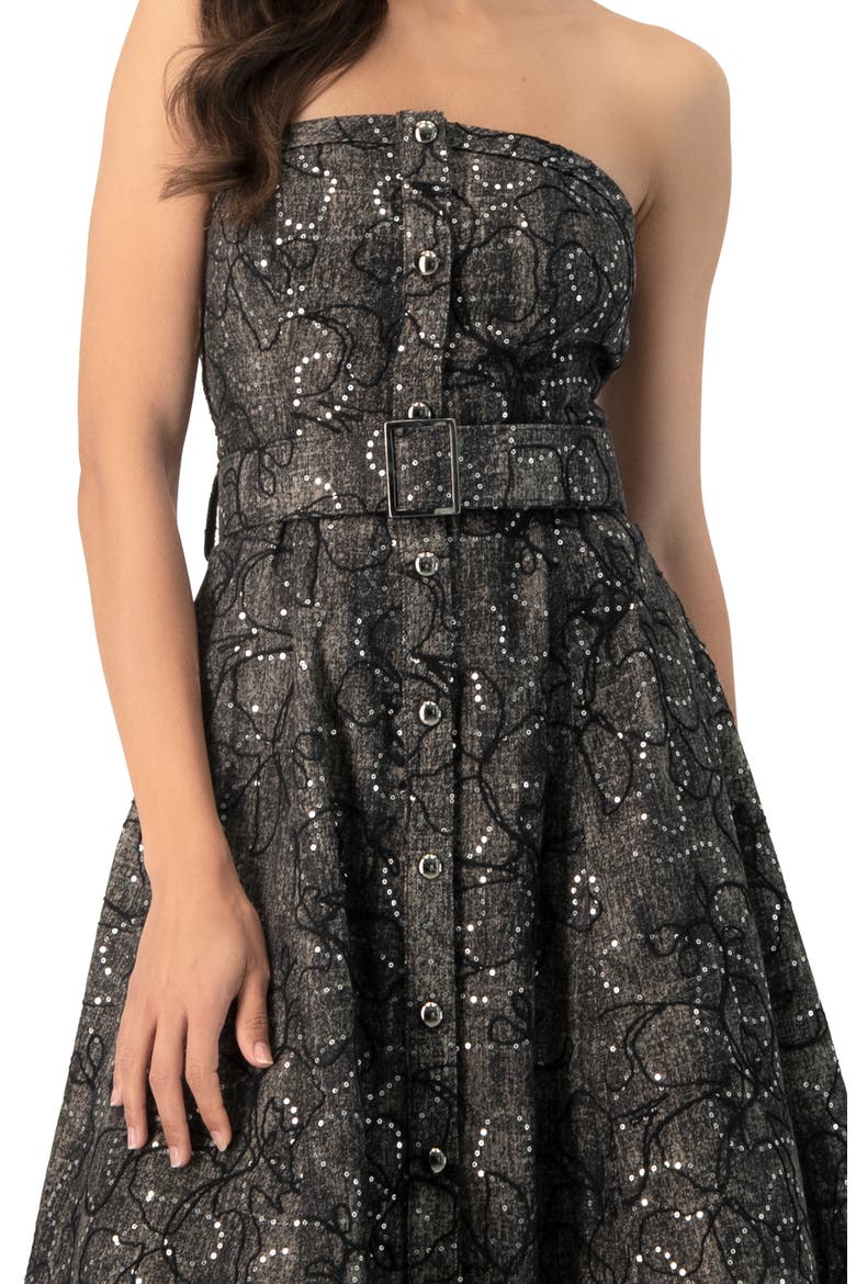 Fantasy Denim Midi Strapless Dress, Alternate, color, Black