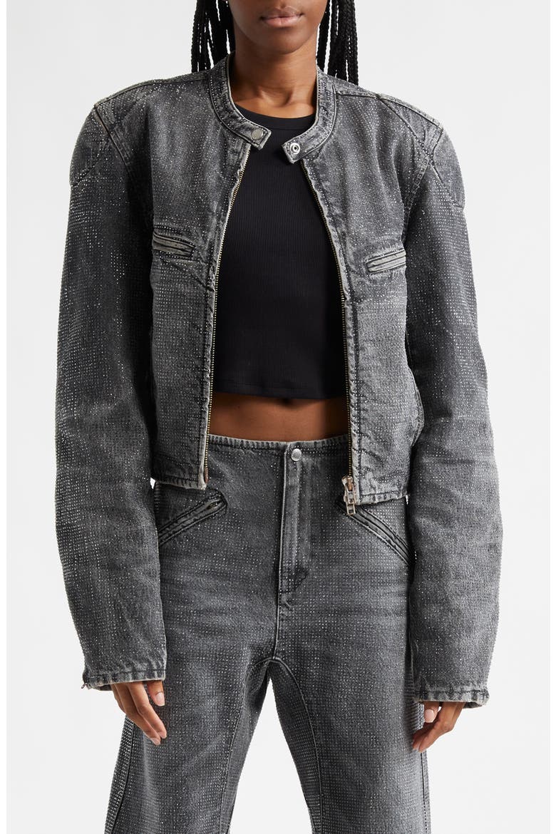 Crystal Embellished Denim Moto Jacket, Main, color, BLACK CRACKLE GREY