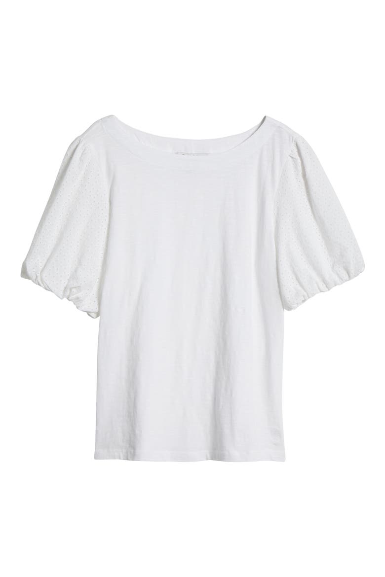 Eyelet Puff Sleeve Organic Cotton Top, Alternate, color, WHITE