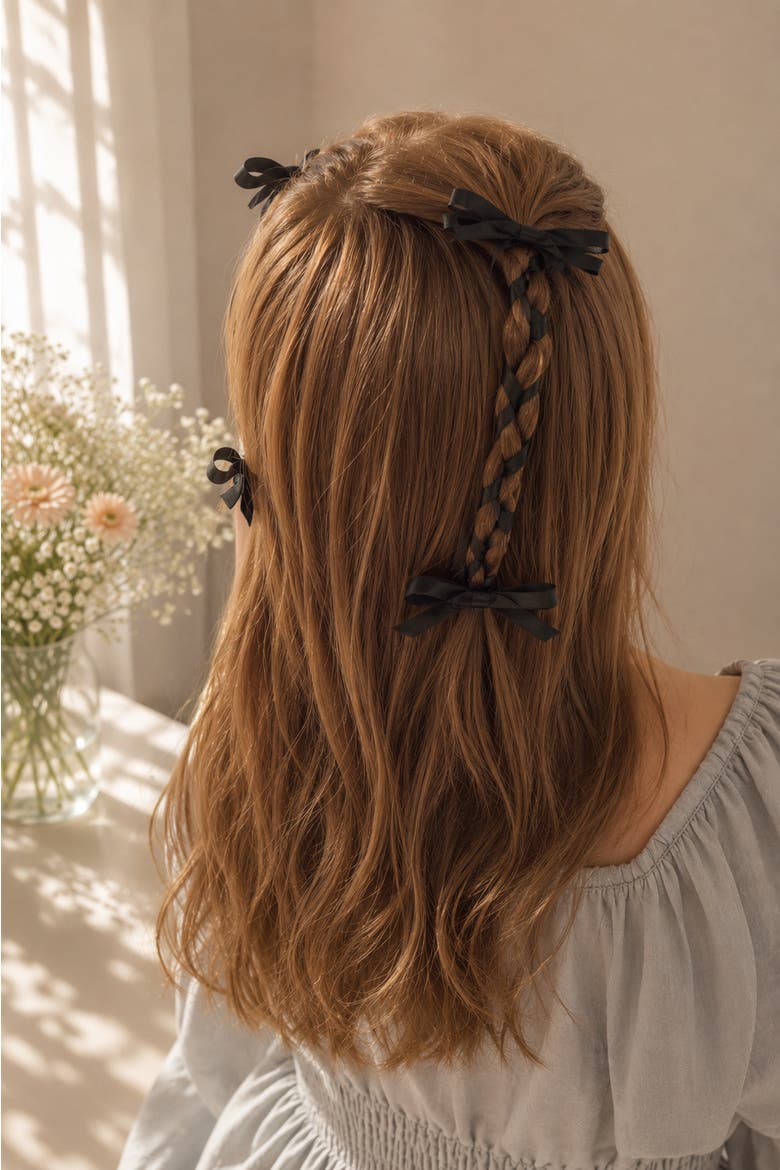 Ribbon Bow Clip Set, Alternate, color, Black