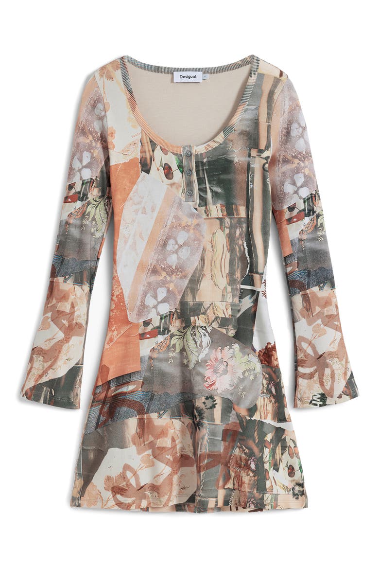 Printed Long Sleeve Stretch Cotton Rib Body-Con Minidress, Alternate, color, NEUTRAL GRAY