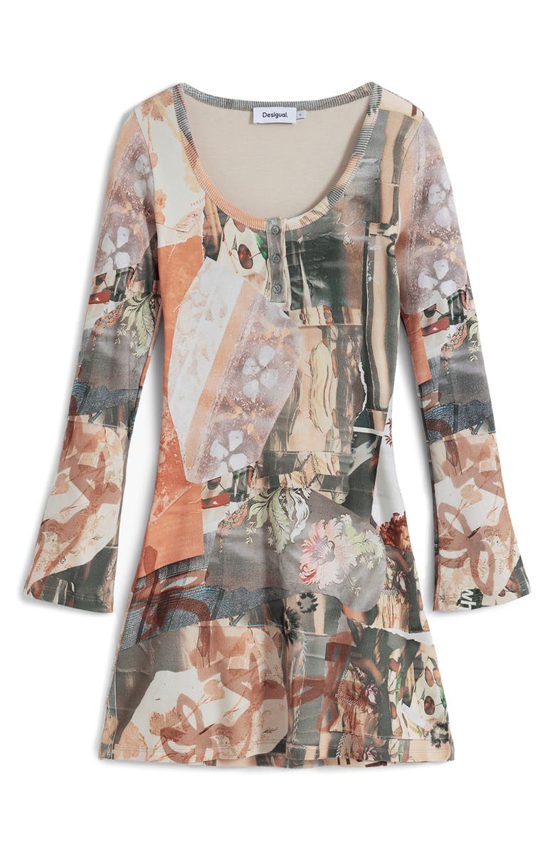 Desigual Printed Long Sleeve Stretch Cotton Rib Body-Con Minidress, Alternate, color, Neutral Gray