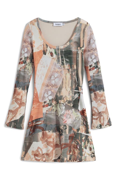 Desigual Printed Long Sleeve Stretch Cotton Rib Body-con Minidress In Gray