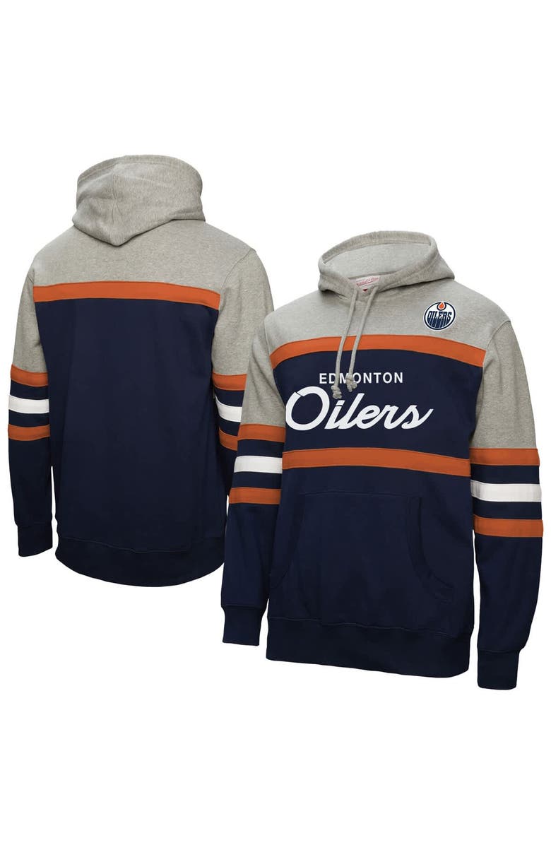 Mitchell & Ness Men's Mitchell & Ness Navy/Gray Edmonton Oilers Head Coach Pullover Hoodie, Main, color, Navy