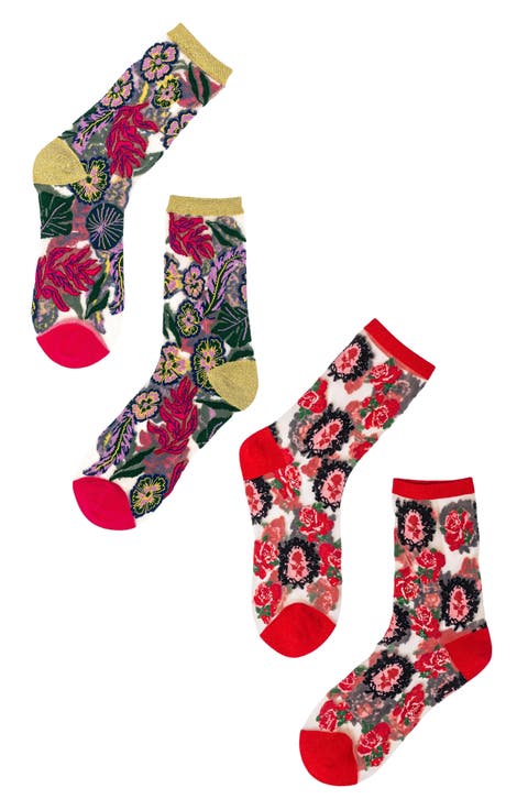 Fancy Assorted 2-Pack Metallic Floral Sheer Crew Socks