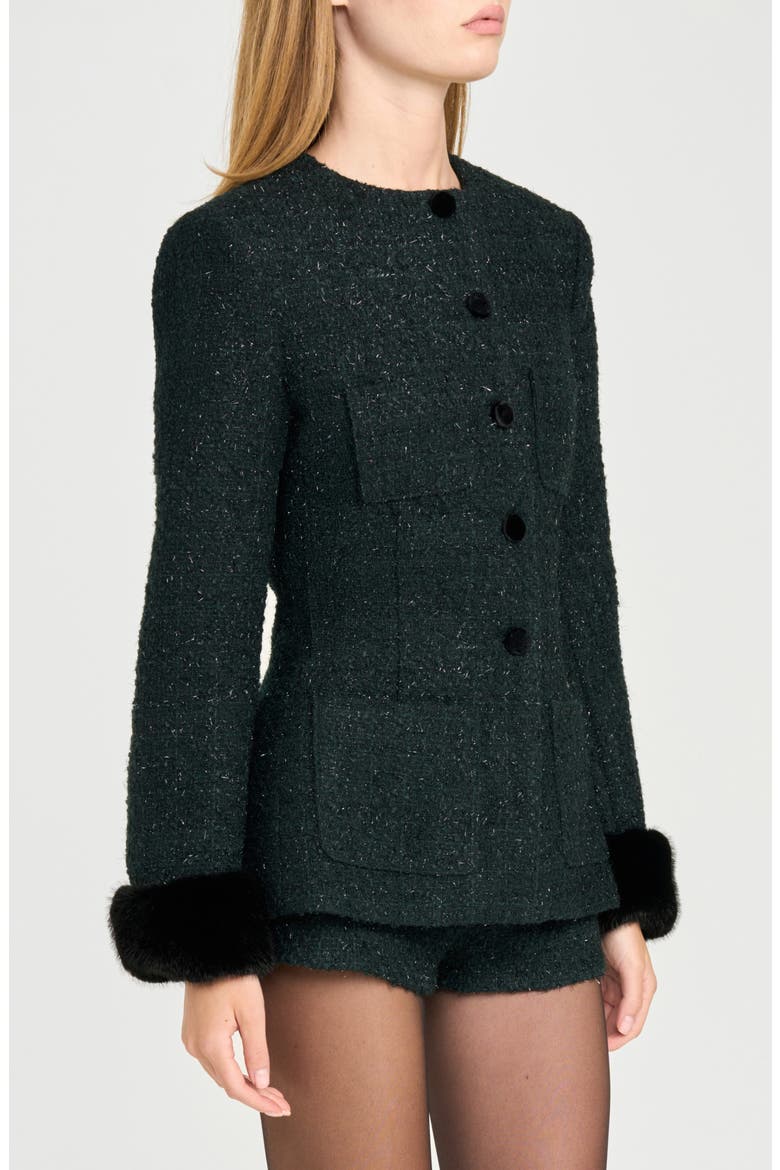 x Rose Lola Bleecker Bouclé Jacket with Faux Fur Cuffs, Alternate, color, EMERALD