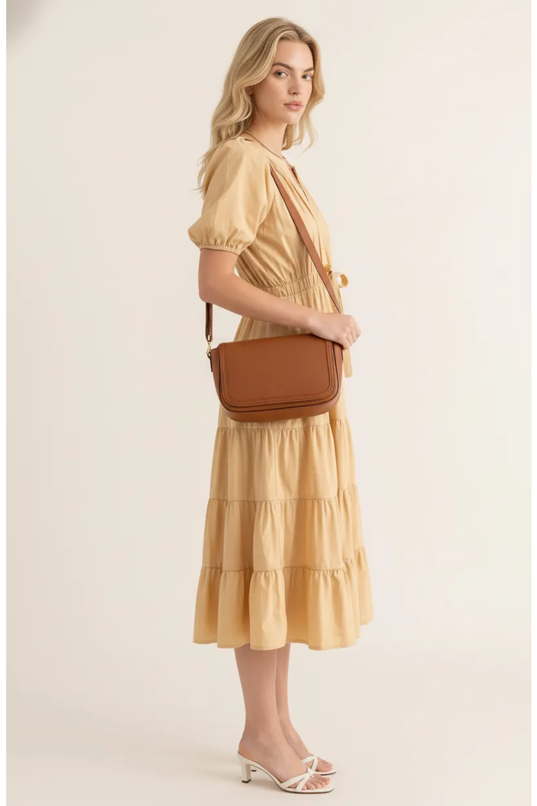 Tiered Puff Sleeve Tie Waist Midi Dress, Alternate, color, Sand