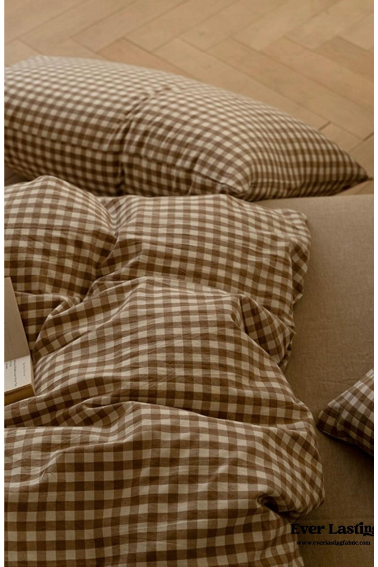 Gingham Washed Cotton Bedding Set, Alternate, color, Brown Gingham, Fitted