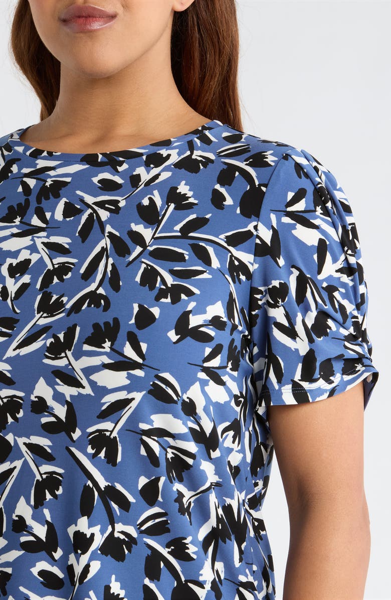 AK ANNE KLEIN Floral Pleat Sleeve T-Shirt, Alternate, color, Blue Jay Multi