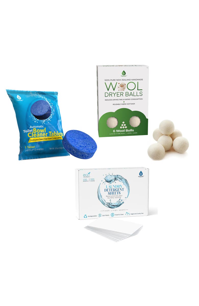 PURSONIC Eco Home Essentials Bundle Toilet Cleaner Tablets + Wool Dryer Balls + Eco Laundry Detergent Sheets, Main, color, White