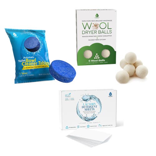 PURSONIC Eco Home Essentials Bundle Toilet Cleaner Tablets + Wool Dryer Balls + Eco Laundry Detergent Sheets in White 