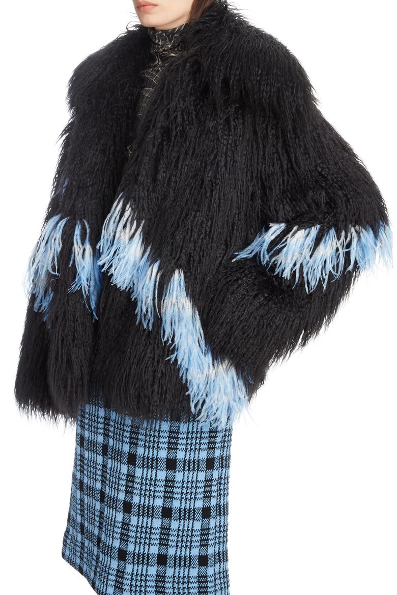 Feather Trim Faux Fur Jacket, Alternate, color, BLACK