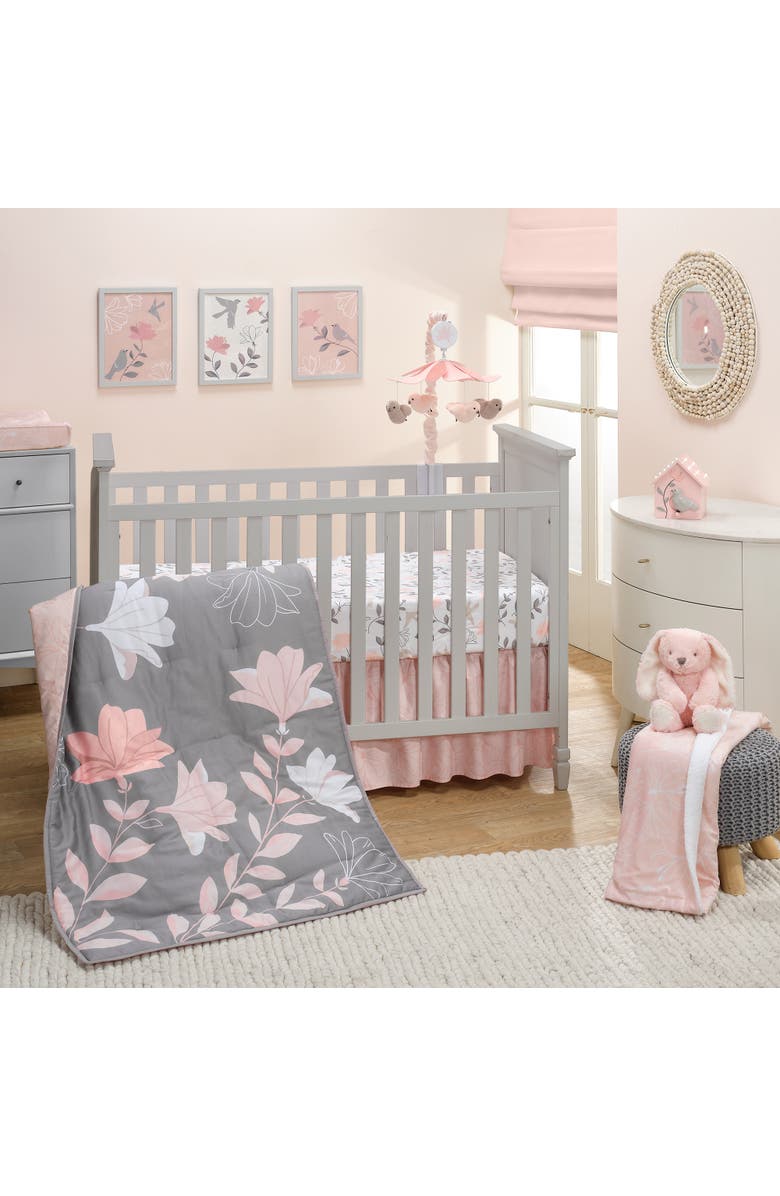 Lambs & Ivy Petals Sateen Cotton Floral 3-Piece Baby Crib Bedding Set, Alternate, color, Gray