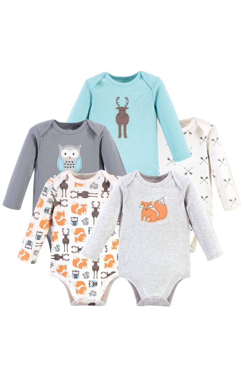 Hudson Baby Cotton Long-Sleeve Bodysuits 5-Pack, Main, color, Gray Forest