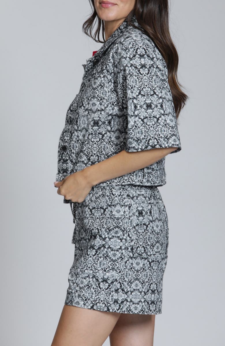 APNY Floral Print Short Sleeve Denim Jacket, Alternate, color, Blackwhite