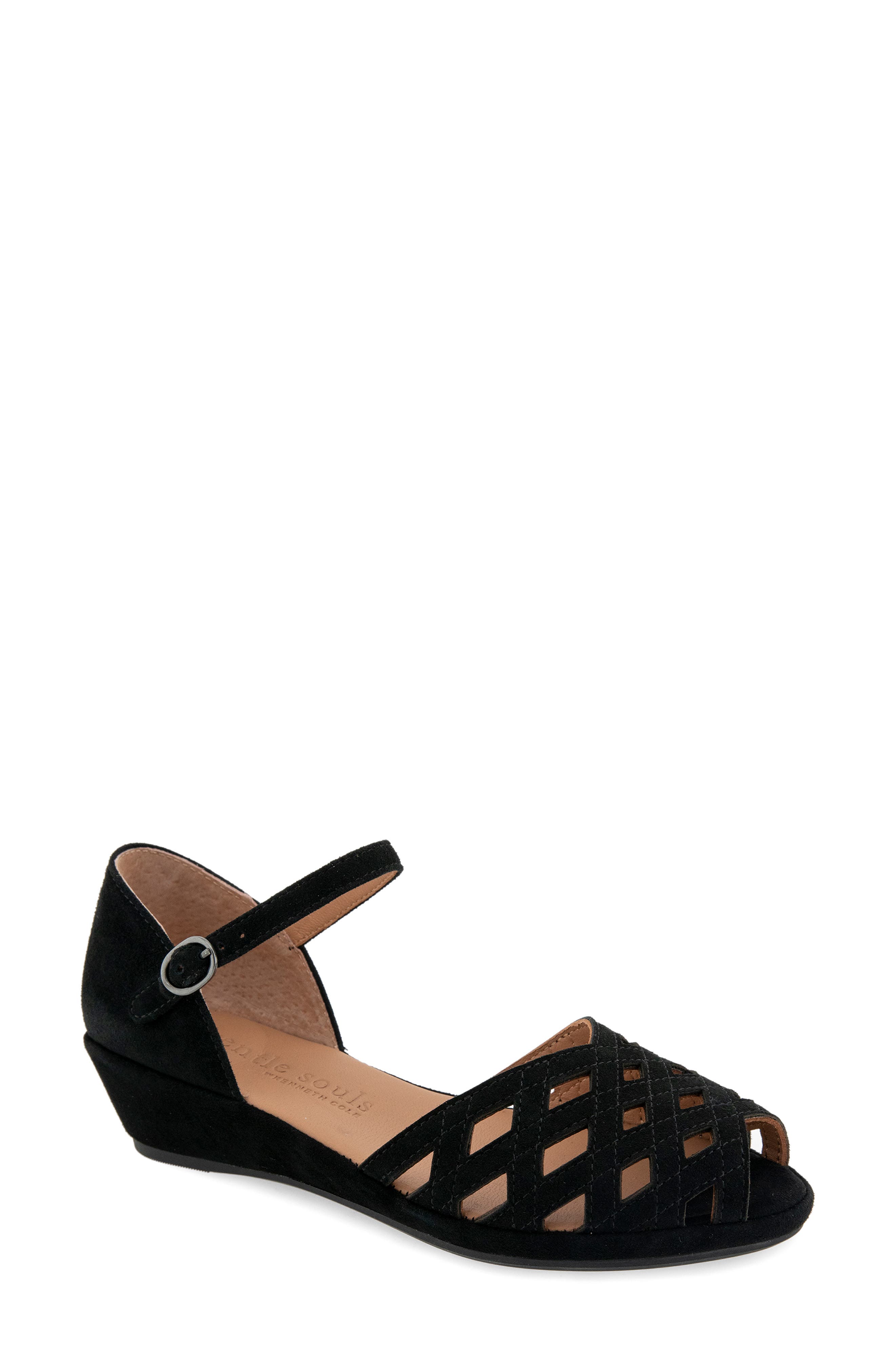 Gentle Souls Loren Ankle Strap Peep Toe Wedge Sandal, Main, color, Black Suede