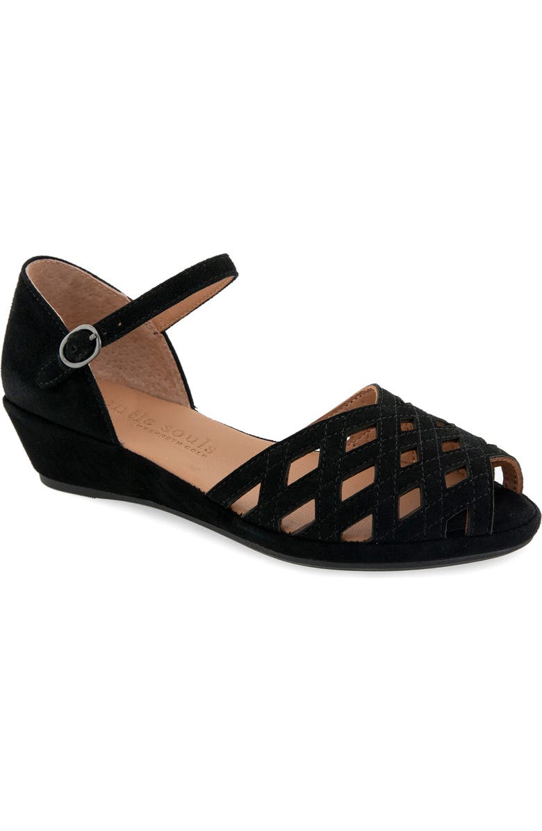Gentle Souls Loren Ankle Strap Peep Toe Wedge Sandal, Main, color, Black Suede